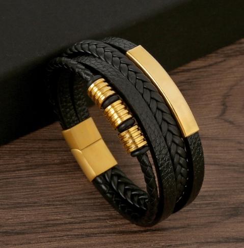 Pulseira de couro de aço inoxidável masculino