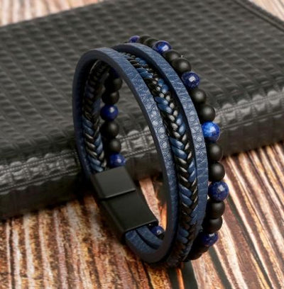 Pulseira de couro de aço inoxidável masculino